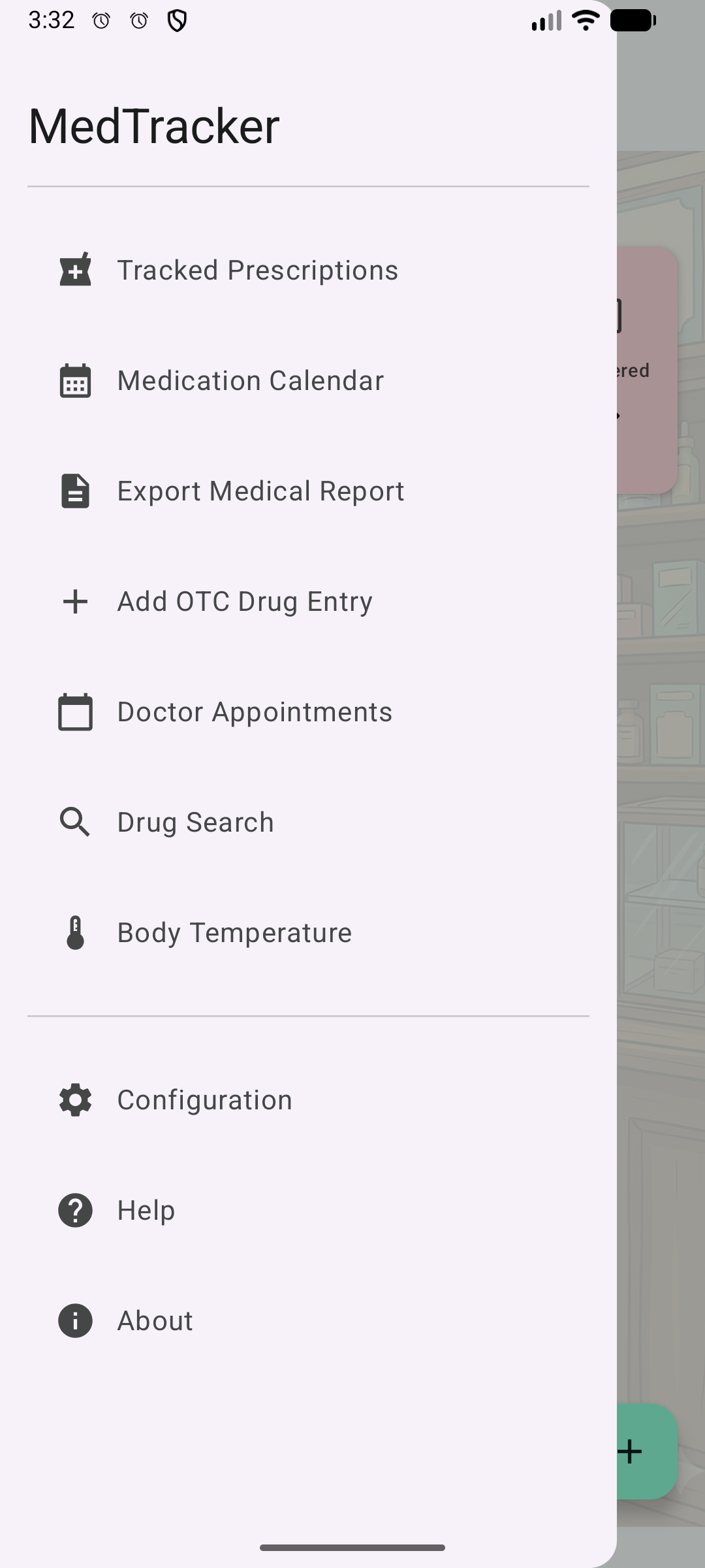 MedTracker menu screen